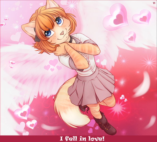 <3 anthro blue_eyes boots bottomwear clothed clothing digital_media_(artwork) domestic_cat english_text felid feline felis female footwear fully_clothed hair hi_res iskra mammal orange_hair pink_nose pleated_skirt shaded skirt solo text vera_(iskra) // 2100x1900 // 1.2MB