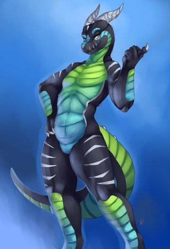 2016 anthro athletic athletic_anthro athletic_male black_body black_scales blue_background blue_body blue_scales claws digital_media_(artwork) dragon featureless_crotch gradient_background green_body green_scales hand_on_hip hi_res horn looking_at_viewer male multicolored_body multicolored_scales nude red_eyes scales scalie simple_background smile solo spikes white_body white_claws white_horn white_scales zerolativity // 874x1280 // 125.5KB