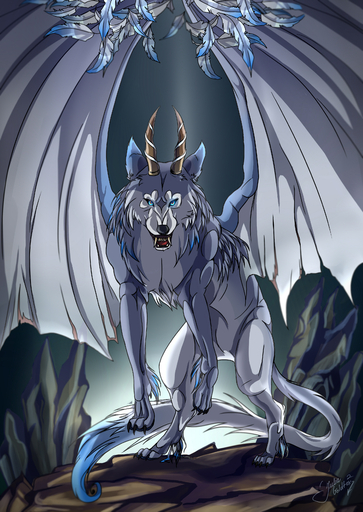 2016 absurd_res ambiguous_gender blue_eyes canid canine canis digital_media_(artwork) dragon feral hi_res horn hybrid juliagoldfox mammal membrane_(anatomy) membranous_wings open_mouth paws solo teeth tongue wings wolf // 2441x3443 // 4.0MB