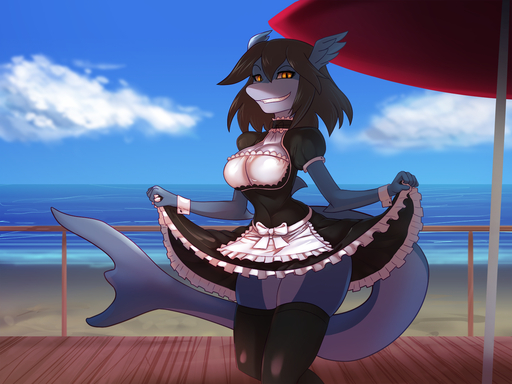 2017 4:3 anthro beach big_breasts blue_body blue_sky boardwalk bow_(knot) breasts brown_hair choker cleavage clothed clothing clothing_lift cloud curtsey curvy_figure day detailed_background digital_media_(artwork) dress dress_lift female fish frilly front_view fully_clothed general-irrelevant grin hair head_wings horizon hourglass_figure jewelry jv legs_together legwear long_tail looking_at_viewer maid_uniform marine necklace non-mammal_breasts outside parasol portrait pupils railing sea seaside shaded shark shirt_cuffs short_hair sky slit_pupils small_waist smile solo stockings thick_thighs three-quarter_portrait uniform water wave wide_hips wings yellow_eyes // 1440x1080 // 1.2MB