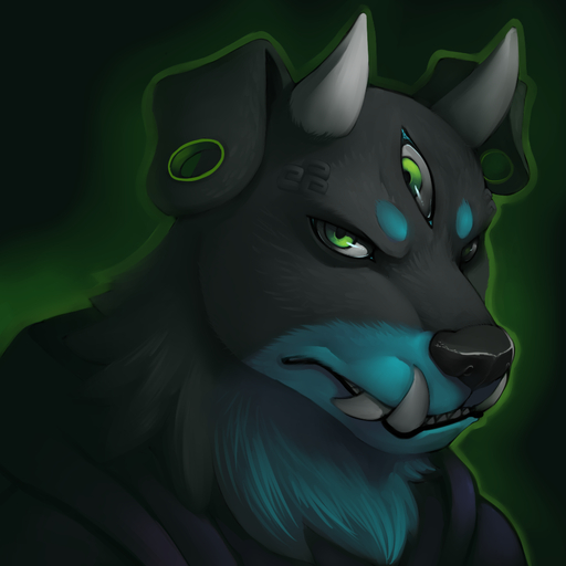 1:1 black_body black_fur black_nose blue_body blue_fur canid canine canis clothing demon domestic_dog ear_piercing faint fangs frown fur green_eyes horn hybrid looking_at_viewer male mammal piercing solo teeth // 1000x1000 // 454.6KB