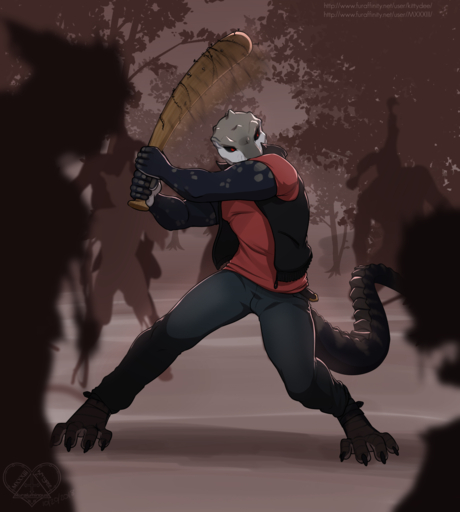 2018 4_toes 5_fingers anthro barefoot clothed clothing detailed_background digital_media_(artwork) feet fight fingers group hi_res holding_object holding_weapon kittydee lizard male red_eyes reptile scalie silhouette solo_focus standing text toes undead url weapon zombie // 1151x1280 // 743.2KB