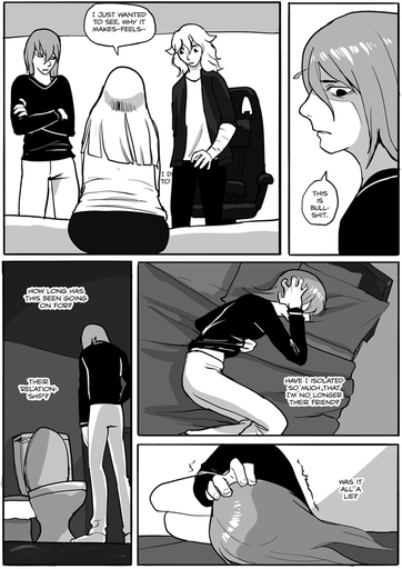 bathroom bed bedroom bottomwear chair clothing comic english_text female furniture grimart hair howl_(grimart) humanoid jacket leto_(grimart) long_hair lying male monochrome not_furry pants sam_(grimart) shirt sitting standing text toilet topwear // 620x877 // 262.0KB