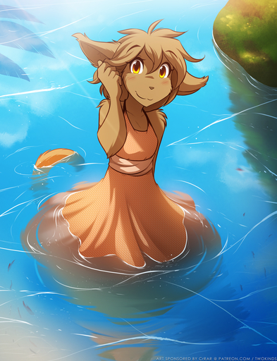 2017 amber_eyes anthro basitin blush brown_body brown_fur clothed clothing conditional_dnp dress female fur hair hand_in_hair hi_res keidran looking_at_viewer madelyn_adelaide mammal partially_submerged smile solo standing sundress tom_fischbach touching_hair twokinds water webcomic webcomic_character wet yellow_eyes // 1200x1564 // 2.0MB