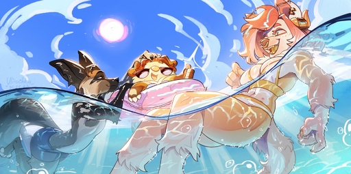 anthro black_nose breasts brown_body brown_fur canid canine clothing digitigrade ear_piercing facial_piercing female freckles fur gesture group hair hi_res horn horn_jewelry horn_ring male mammal nose_piercing orange_body orange_fur orange_hair orange_nose partially_submerged piercing pool_float ring_(jewelry) swimwear thumbs_up trio two_piece_swimsuit ulitochka wet_hair young // 2048x1018 // 322.6KB