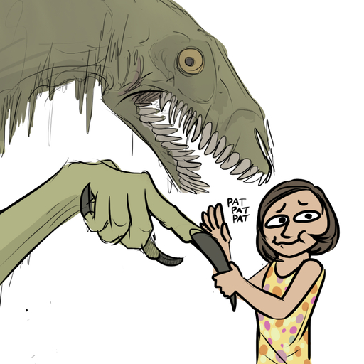1:1 ambiguous_gender brown_hair child clothed clothing duo fangs female feral hair human keadonger lizard mammal monster reptile scalie scp-053 scp-682 scp_foundation sharp_teeth simple_background teeth text what white_background young // 1071x1071 // 1.6MB