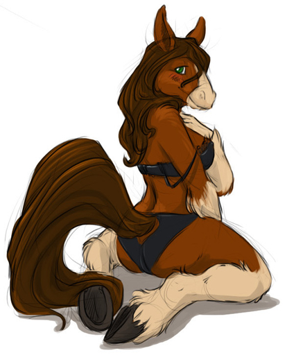 anthro biped blush bra butt clothing conditional_dnp equid equine female furgonomics green_eyes hooves horse jessi_(slither) kneeling mammal mane panties pose rear_view sefeiren solo tail_clothing underwear // 586x724 // 100.7KB