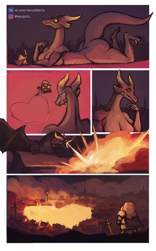 <3 anthro breasts breath_powers comic comic_page dragon duo elemental_manipulation female fire fire_breathing fire_manipulation hi_res horn human humor knight larger_female male mammal neruloth size_difference smaller_male text url warrior // 1341x2160 // 644.3KB