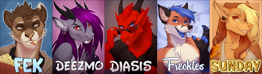 2015 anthro black_nose blue_background blue_eyes blue_hair breasts brown_background brown_body brown_eyes brown_fur brown_hair brown_nose canid canine canis clothed clothing deezmo_(character) diasis digital_media_(artwork) domestic_ferret dragon ear_piercing english_text eyebrows eyelashes eyewear facial_piercing fek_(character) female food fox freckles_(pony1982) fur glasses grey_background grey_body grey_fur grin group hair happy hybrid looking_at_viewer looking_away male mammal multicolored_hair mustela mustelid musteline nose_piercing nose_ring open_mouth pawpads paws piercing popcorn purple_background purple_hair red_body red_eyes red_fur red_hair septum_piercing shirt simple_background smile sunday_(missjurassic) sunglasses teeth text tongue tongue_out topwear true_musteline two_tone_hair wolf wolfy-nail yellow_eyes yellow_nose // 1280x362 // 205.8KB