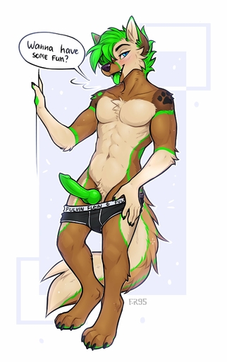 2022 absurd_res anthro blue_eyes brown_body brown_fur canid canine clothed clothing digital_media_(artwork) f-r95 fur genitals green_body green_fur green_hair green_penis green_tongue hair hi_res knot looking_at_viewer male mammal open_mouth penis shirtless smile solo teeth tongue // 2112x3360 // 435.9KB