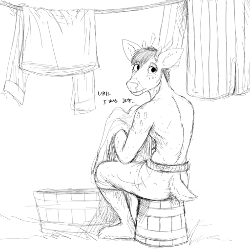 1:1 anthro antlers barefoot biped black_and_white butt cervid clothed clothing deer_prince dialogue english_text feet hair hi_res hladilnik horn laundry looking_back male mammal monochrome simple_background sitting sketch solo text topless white_background // 1280x1280 // 423.5KB