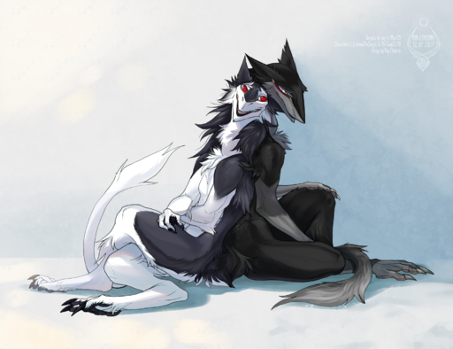 back_to_back black_lips blue_body blue_fur chest_tuft claws digitigrade duo fur grey_body grey_eyes grey_fur hi_res lips male neck_tuft nude open_mouth pawpads paws raesheris red_eyes sergal sitting toe_claws tuft white_body white_fur // 2000x1538 // 2.1MB