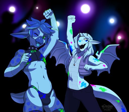 2020 5_fingers anthro blue_hair clothed clothing digital_media_(artwork) dragon duo fingers hair horn kittydee male membrane_(anatomy) membranous_wings midriff navel scalie smile western_dragon wings // 1280x1105 // 880KB