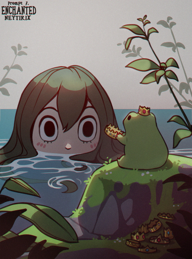 2019 amphibian asui_tsuyu black_eyes black_hair crown digital_media_(artwork) duo english_text female feral frog green_body hair hi_res human looking_at_another mammal moss my_hero_academia neytirix outside partially_submerged plant shadow signature text water wet white_body white_skin // 1440x1941 // 628.7KB
