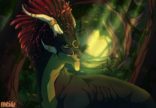 2019 ambiguous_gender day detailed_background digital_media_(artwork) dragon feral forest grass green_eyes horn outside plant ravoilie solo tree wingless_dragon // 1500x1035 // 3.0MB