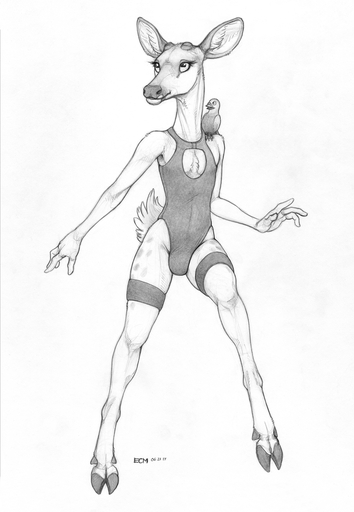 anthro avian bird bulge cervid clothing cloven_hooves duo ecmajor eyelashes feral girly hi_res hooves leotard looking_at_another looking_up male mammal monochrome signature simple_background smile solo_focus standing tight_clothing white_background // 1097x1587 // 1.2MB
