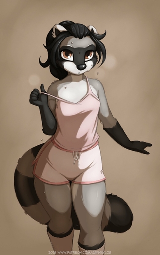 2018 5_fingers anthro black_hair bodily_fluids brooke_reed brown_eyes clothed clothing conditional_dnp digital_media_(artwork) female fingers fur grey_body grey_fur hair hi_res jay_naylor mammal off_shoulder procyonid raccoon simple_background solo standing steam sweat // 1131x1800 // 137.5KB