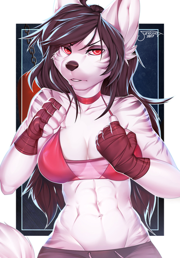 5_fingers abs anthro breasts brown_hair canid canine cleavage clothed clothing eyebrows eyelashes female fingers fur hair hand_wraps junebuq long_hair looking_at_viewer mammal midriff muscular muscular_anthro muscular_female navel red_eyes solo white_body white_fur wraps // 558x800 // 507.4KB