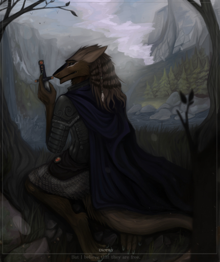 5_fingers anthro armor barefoot biped braided_hair brown_body brown_fur brown_hair day detailed_background digitigrade english_text entsk feet fingers fur grass hair hi_res holding_object holding_sword holding_weapon kneeling melee_weapon outside plant sergal solo sword text weapon // 1600x1900 // 2.8MB