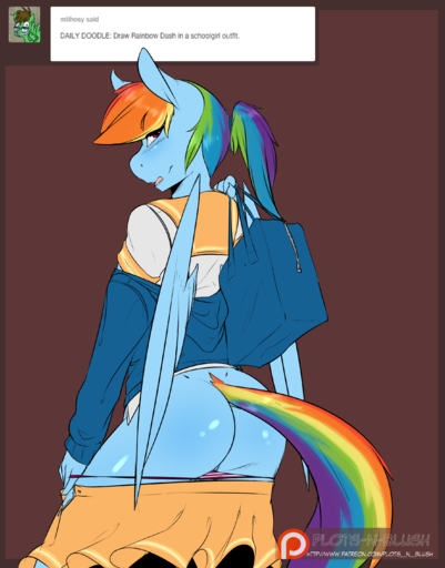 2015 absurd_res alternate_hairstyle anthro anthrofied ask_blog avante92 bag barely_visible_genitalia barely_visible_pussy blush butt clothed clothing clothing_pull colored english_text equid equine feathered_wings feathers female flashing genitals hair hi_res horse licking licking_lips looking_back mammal multicolored_hair multicolored_tail panties panties_down panty_pull partially_clothed pegasus ponytail pussy rainbow_dash_(mlp) rainbow_hair rainbow_tail school_uniform self_lick solo student text tongue tongue_out underwear underwear_down underwear_pull undressing uniform url user_avatar wings // 2237x2855 // 1.7MB