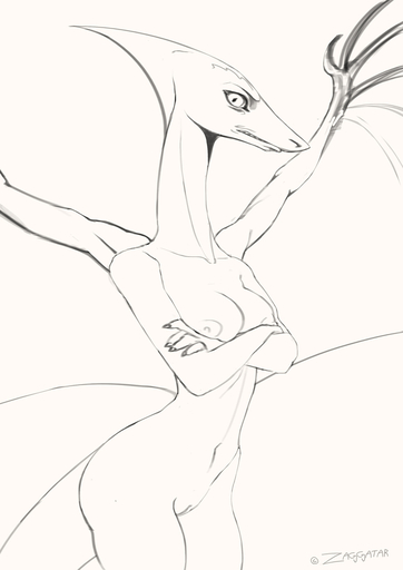 2014 angry annoyed anthro breasts claws crossed_arms dragon female genitals long_neck membrane_(anatomy) membranous_wings monochrome nipples non-mammal_breasts nude pussy scalie simple_background solo wings zaggatar // 707x1000 // 109.9KB