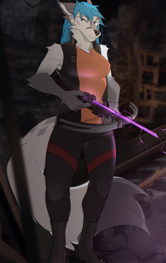 2019 5_fingers anthro biped black_nose blue_hair canid canine canis clothed clothing detailed_background digital_media_(artwork) domestic_dog female fingers fur grey_body grey_fur hair holding_crossbow kodashi mammal solo standing // 699x1100 // 911.5KB