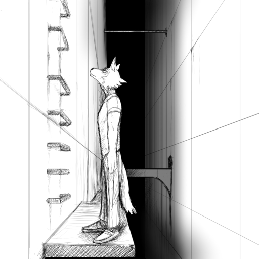 1:1 anthro beastars canid canine canis comic hi_res hladilnik ladder legoshi_(beastars) looking_up male mammal monochrome sketch solo wall_(structure) wolf // 1280x1280 // 341.1KB