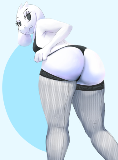 anthro bent_over big_butt biped black_bra black_clothing black_panties black_underwear boss_monster bovid bra breasts butt caprine clothed clothing clothing_pull eyebrows eyelashes fangs female fishnet fishnet_legwear fur grey_eyes horn legwear lingerie long_ears long_legs looking_back mammal mature_anthro mature_female panties panty_pull punkinillus rear_view seductive simple_background solo standing stockings thick_thighs thigh_highs thong toriel undertale underwear underwear_pull video_games white_body white_fur wide_hips // 737x999 // 543.4KB