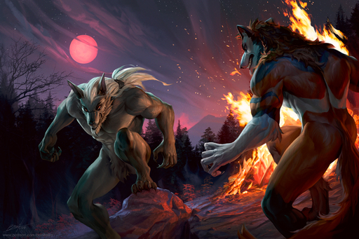 2019 5_fingers anthro bonifasko canid canine canis digital_media_(artwork) duo fingers fire male mammal moon night nude outside plant signature sky star starry_sky text tree url were werecanid werecanine werewolf wolf // 1280x853 // 934KB