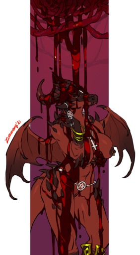 anthro areola blood bodily_fluids breasts claws demon dragon female genitals hi_res horn membrane_(anatomy) membranous_wings nipple_piercing nipple_ring nipples nude piercing pussy sabbatha scalie smile solo spines western_dragon wings zummeng // 880x1600 // 545.7KB