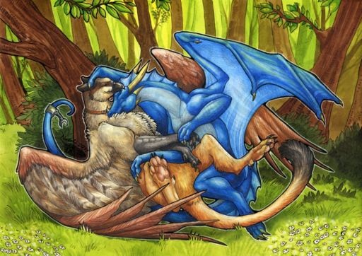 2019 4_toes ambiguous_gender avian beak black_beak claws cuddling day detailed_background dragon duo feathers feet feral forest fur grass gryphon horn kouryuu membrane_(anatomy) membranous_wings mythological_avian mythology natoli nuzzling outside pawpads plant scalie smile spines toes traditional_media_(artwork) tree western_dragon wings // 1200x849 // 2.2MB