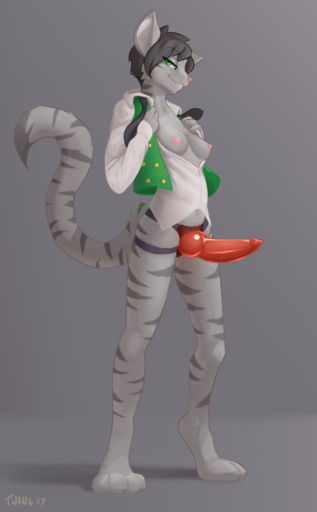 2017 anthro bottomless breasts clothed clothing confident dildo domestic_cat felid feline felis female fur green_clothing green_eyes grey_body grey_fur hi_res imminent_pegging imminent_sex knotted_dildo mammal open_clothing open_shirt open_topwear partially_clothed sassy sex_toy shirt smug solo standing strapon topwear twang vest woodside // 1300x2100 // 846.6KB