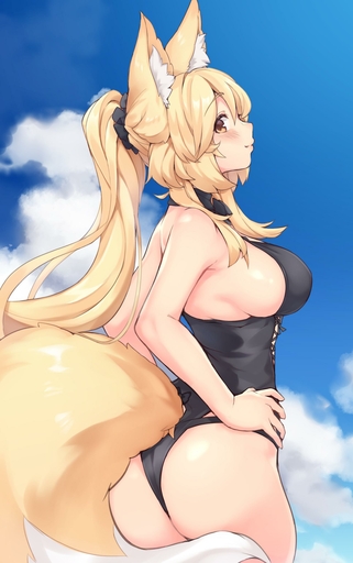 5_fingers absurd_res accessory animal_humanoid big_breasts big_tail biped black_clothing black_swimwear blonde_hair blush breasts butt canid canid_humanoid canine canine_humanoid clothed clothing cloud curvy_figure day digital_media_(artwork) female fingers fluffy fluffy_ears fluffy_tail fox_humanoid fully_clothed fur glistening glistening_body glistening_fur glistening_hair glistening_skin glistening_tail hair hair_accessory hal_(h_lambda_l) hands_on_hips hi_res hourglass_figure humanoid humanoid_hands inner_ear_fluff light_body light_skin long_hair looking_at_viewer looking_back mammal mammal_humanoid monotone_hair one-piece_swimsuit outside ponytail portrait rear_view side_boob sky smile solo standing swimwear thick_tail three-quarter_portrait three-quarter_view tuft white_inner_ear_fluff yellow_body yellow_eyes yellow_fur yellow_inner_ear // 1602x2557 // 237.5KB