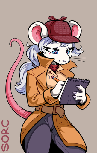2021 anthro blue_eyes blush breasts claws clothing coat detective female finger_claws fur grey_hair hair hat headgear headwear mammal mouse murid murine notebook pencil_(object) rodent simple_background solo sorc standing topwear trenchcoat white_body white_fur // 569x900 // 288.7KB