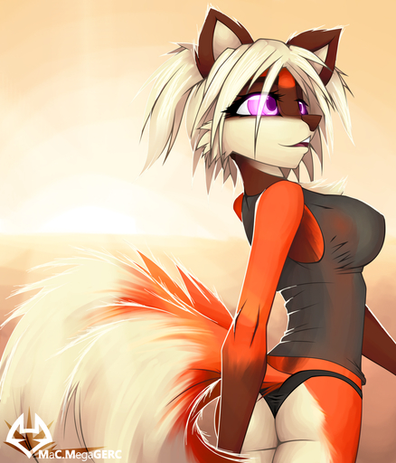 anthro breasts butt canid canine clothing female fluffy fluffy_tail fox hair karina_(macmegagerc) macmegagerc mammal panties pink_eyes pinup pose smile solo underwear white_hair // 873x1020 // 713.9KB