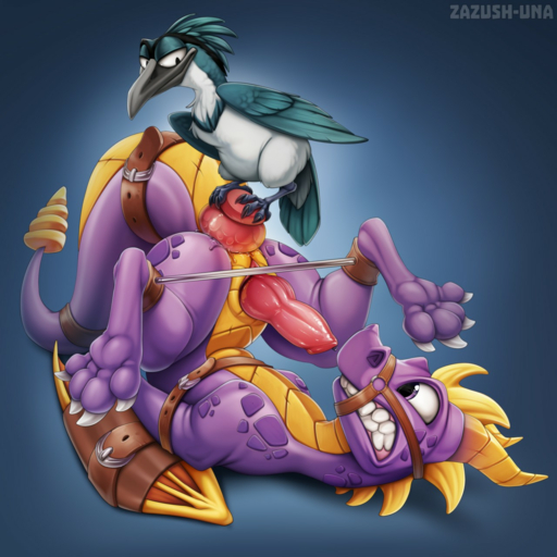 1:1 4_toes activision anal anal_penetration avian bdsm bird bird_feet bondage bound claws digital_media_(artwork) dildo dragon duo feathered_wings feathers feet genitals hi_res horn knot male male_penetrated membrane_(anatomy) membranous_wings penetration penis pluvian purple_eyes scalie sex_toy simple_background size_difference spines spyro spyro_the_dragon teeth toes video_games western_dragon wings zazush-una // 1280x1280 // 1.4MB