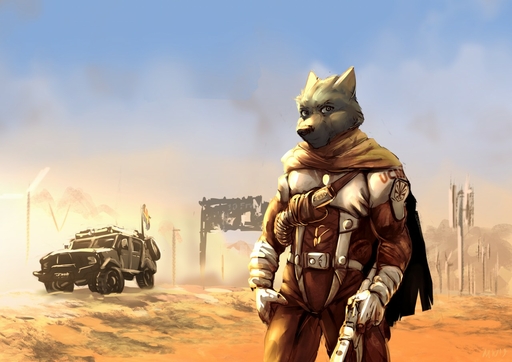 anthro armor assault_rifle belt body_armor canid canine canis cloak clothing desert gloves gun handwear harness jumpsuit looking_at_viewer mammal marsonaut military ranged_weapon rifle soldier solo tactical_gear truck_(vehicle) vehicle warrior weapon wolf // 1280x904 // 173.9KB