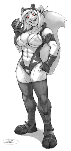 2013 abs anthro armband boots breasts clothed clothing female fingerless_gloves footwear gloves greyscale hair hand_on_hip handwear legwear looking_at_viewer mammal maybell monochrome muscular muscular_anthro muscular_female navel nipple_outline open_mouth pose pubes red_eyes rodent sciurid short_hair simple_background skimpy smile solo spot_color stoopix thigh_highs tree_squirrel white_background white_hair // 512x1090 // 292.4KB