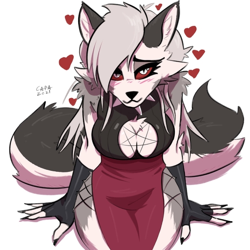 1:1 <3 anthro bedroom_eyes blush breasts canid canid_demon capaoculta cleavage cleavage_cutout clothed clothing daww demon digital_media_(artwork) female fully_clothed harness hellhound helluva_boss hi_res holidays looking_at_viewer looking_up loona_(vivzmind) mammal monster narrowed_eyes pentagram pentagram_harness red_sclera seductive shaded sitting solo valentine's_day white_eyes // 2048x2048 // 292.8KB
