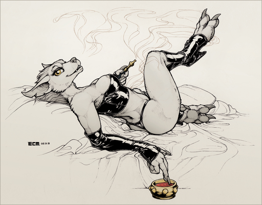 2015 anthro biped blizzard_entertainment border breasts canid claws clothed clothing ecmajor female hi_res leather looking_at_viewer lying mammal monochrome on_back pawpads paws pinup pose raised_leg reclining simple_background skimpy smoking solo toe_claws video_games warcraft were werecanid worgen yellow_border // 1538x1206 // 2.1MB