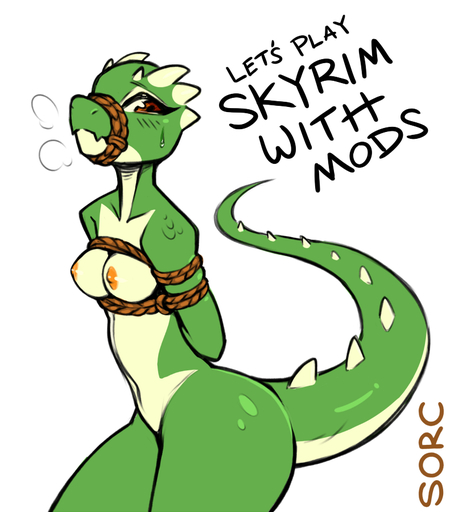 anthro argonian bdsm bethesda_softworks blush bodily_fluids bondage bound breasts brown_eyes english_text female gag hands_behind_back horn looking_at_viewer nipples non-mammal_breasts nude rope rope_bondage rope_harness scalie side_view simple_background skyrim small_breasts solo sorc spiked_tail spikes spikes_(anatomy) standing submissive submissive_female sweat text the_elder_scrolls thick_thighs video_games white_background // 791x900 // 245.6KB