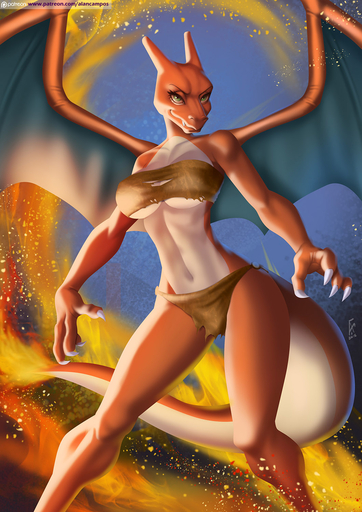2016 alanscampos anthro anthrofied biped bottomwear bra charizard clothing dragon english_text fangs female fire flaming_tail hi_res loincloth membrane_(anatomy) membranous_wings patreon_logo pokemon_(species) scalie smile solo standing text underwear url video_games wings // 1060x1500 // 304.2KB