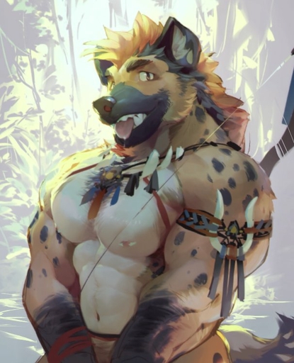2016 abs anthro biceps big_muscles big_pecs bodily_fluids body_hair bow_(weapon) chest_hair front_view half-length_portrait hyaenid jewelry looking_at_viewer male mammal muscular muscular_anthro muscular_male necklace nipples null-ghost pecs portrait ranged_weapon saliva smile solo spotted_hyena teeth tongue tongue_out tribal weapon // 606x748 // 68.0KB
