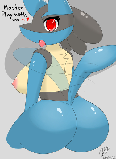 anthro breasts butt canid canine english_text female glistening grey_background hi_res lol_comments looking_back lucario mammal master nintendo nipples ownership pokemon pokemon_(species) red_eyes sblueicecream side_boob simple_background solo tailwag text tongue tongue_out video_games // 1280x1745 // 452.9KB