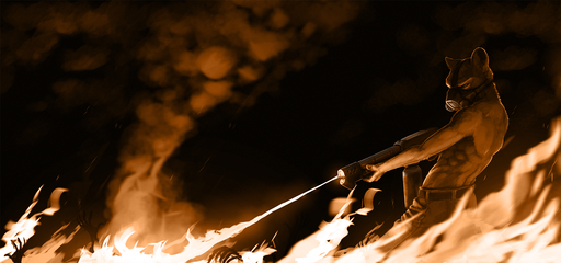 2021 anthro clothed clothing fire flamethrower fur hi_res holding_object holding_weapon ipoke light lighting male mammal mustelid ranged_weapon shaded solo topless weapon // 1600x750 // 1.0MB