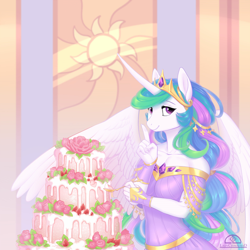 1:1 2018 anthro anthrofied armwear bridal_gauntlets cake clothing crown cutlery dessert dress equid equine feathered_wings feathers female flower food hair horn horse kitchen_utensils ladychimaera looking_at_viewer mammal multicolored_hair plant princess_celestia_(mlp) purple_eyes rose_(flower) smile solo spoon tiara tools wedding_cake winged_unicorn wings // 1125x1125 // 828.5KB