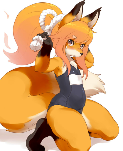 anthro biped canid canine clothing cub female fox hair kemono kikurage kneeling looking_at_viewer mammal one-piece_swimsuit rope solo swimwear thick_thighs young // 720x880 // 82KB