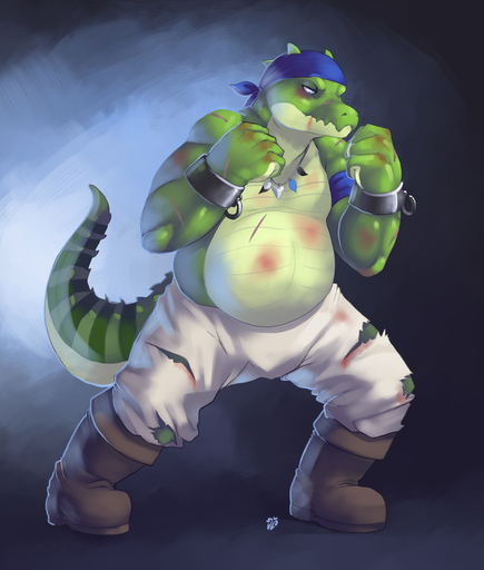 2016 anthro bandanna belly blue_background blue_eyes boots bottomwear bruised clothed clothing crocodile crocodilian crocodylid cuff_(restraint) fist footwear green_body green_scales hi_res jewelry kerchief male navel necklace overweight overweight_anthro overweight_male pants raised_arm raised_fist reptile restraints scales scalie scar shackles simple_background solo teeth topless torn_clothing zerolativity // 1245x1467 // 332.9KB