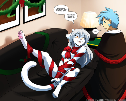 2020 alternate_species anthro anthrofied arm_tuft bdsm blue_eyes blue_hair bondage bound bow_ribbon breasts cheek_tuft christmas_decorations clothed clothednude clothed_male_nude_female clothing conditional_dnp detailed_background dialogue digitigrade domestic_cat duo elbow_tufts english_text facial_tuft featureless_breasts felid feline felis female fur furniture gift_wrapped grey_hair hair hi_res horn human inside keidran knee_tuft lady_nora leg_tuft long_hair looking_up lying male mammal nude on_back on_sofa one_leg_up open_mouth pawpads pink_pawpads raised_leg ribbon_bondage ribbons robe seductive smile sofa speech_bubble spread_legs spreading text tom_fischbach trace_legacy tuft twokinds unamused url webcomic white_body white_fur yellow_eyes // 1595x1280 // 1.2MB