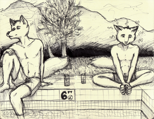 anthro bottomwear canid canine canis clothed clothing domestic_cat duo felid feline felis glopossum looking_away male mammal monochrome sepia shorts sitting sketch swimming_pool topless traditional_media_(artwork) wolf // 1000x771 // 1.7MB